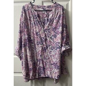 Kim Rogers Top  3X Plus Sized Womens Pink Paisley Boho Roll Tab Pop Over Blouse